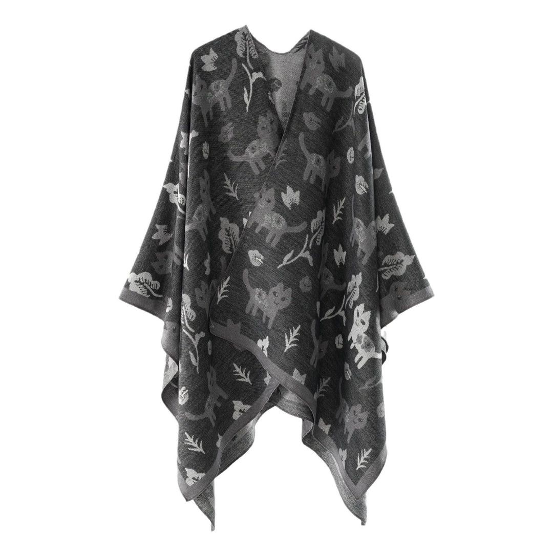 Damen Oversized Ruana im Jacquard mit Katzen- & Blumenmotiv Drune