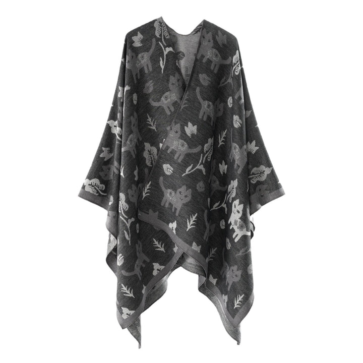 Damen Oversized Ruana im Jacquard mit Katzen- & Blumenmotiv Drune