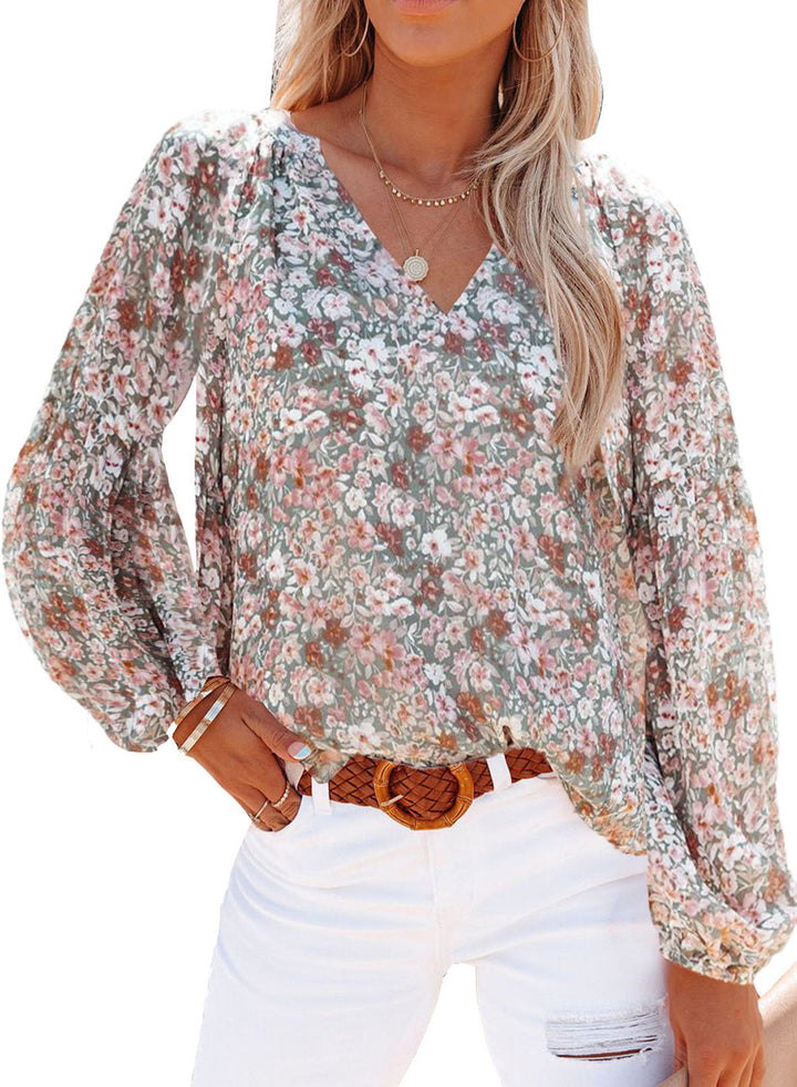 Damen Bluse mit floralen Mustern und V-Ausschnitt Drune