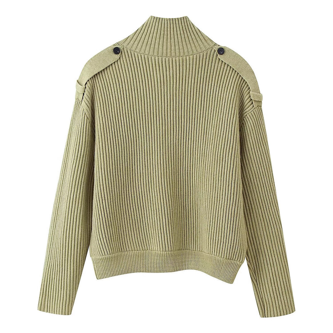 Damen Gerippter Strickcardigan mit hohem Stehkragen und Knopfblende Drune