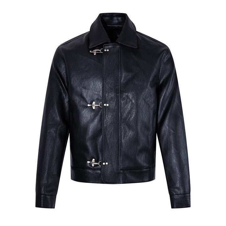 Herren Lederjacke mit Knebelverschlüssen, kurzem Schnitt und Hemdkragen Drune