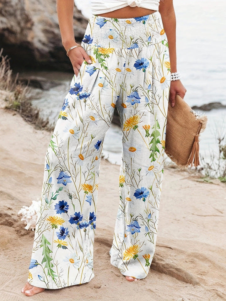 Damen Weit geschnittene Strandhose mit floralem Motiven und elastischem Bund Drune