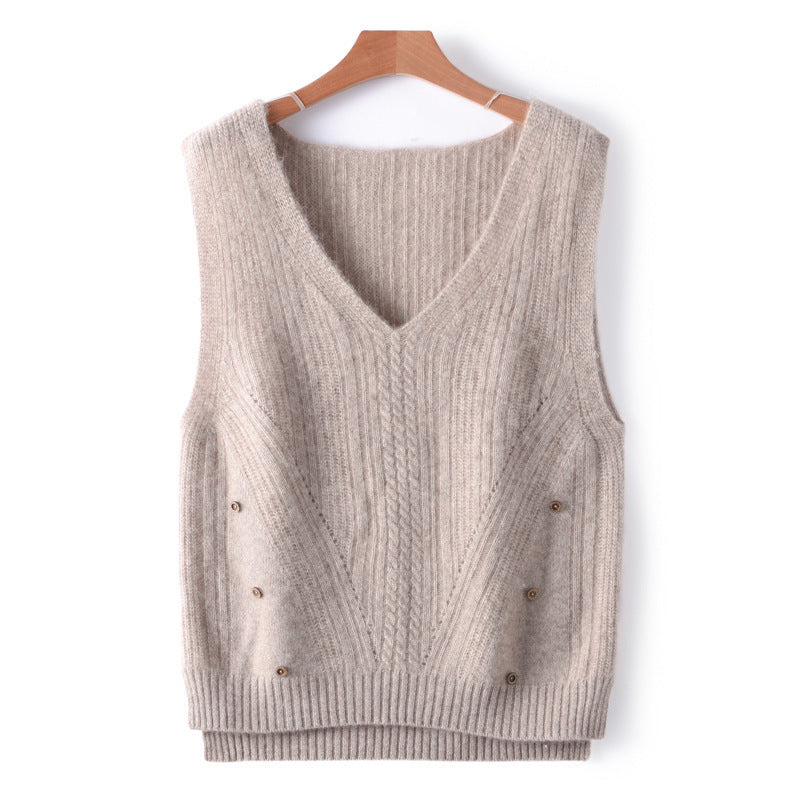 Damen Strick-Longweste mit V-Ausschnitt, Zopfmuster und seitlicher Knopfleiste Drune