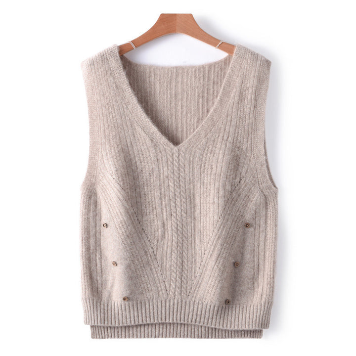 Damen Strick-Longweste mit V-Ausschnitt, Zopfmuster und seitlicher Knopfleiste Drune