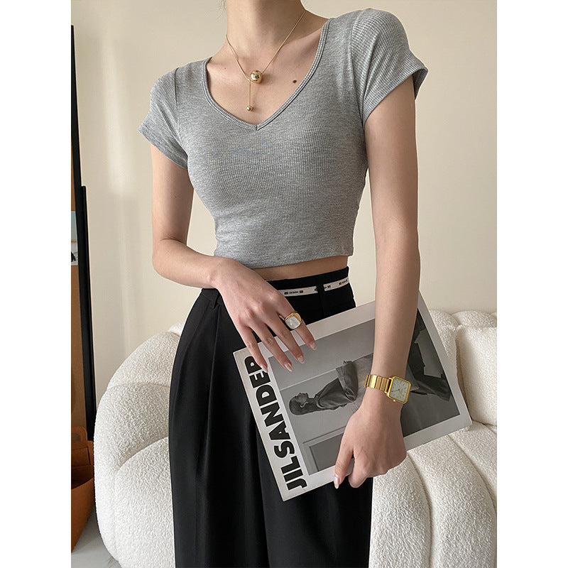 Damen kurzärmliges Crop-Top mit V-Ausschnitt Drune