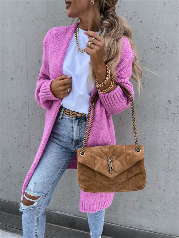 Damen Grobstrick Cardigan mit offener Vorderseite und lässigen Ärmeln Drune