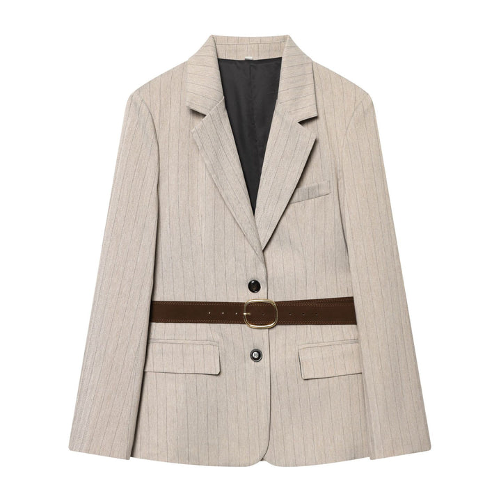 Damen nan taillierter Nadelstreifen-Blazer mit dekorativem Gürtel und Pattentaschen Drune
