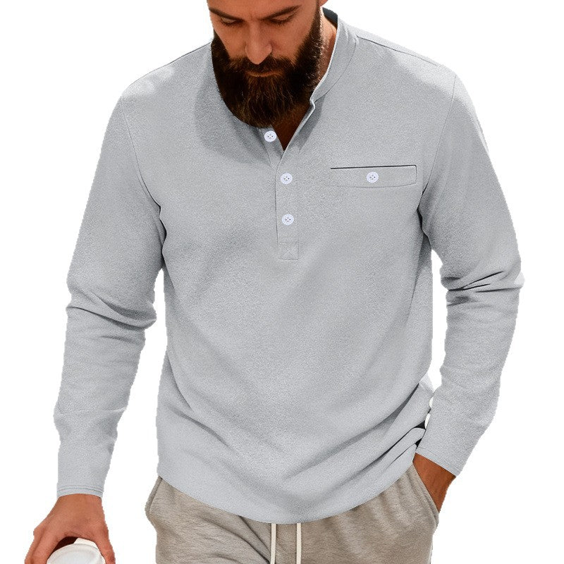 Herren Lässiges Henley-Langarmshirt mit Stehkragen, Brusttasche und abgerundetem Saum Drune