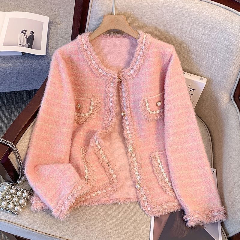 Damen Kuschelige Strickjacke mit dekorativen Perlen und Fransendetails Drune