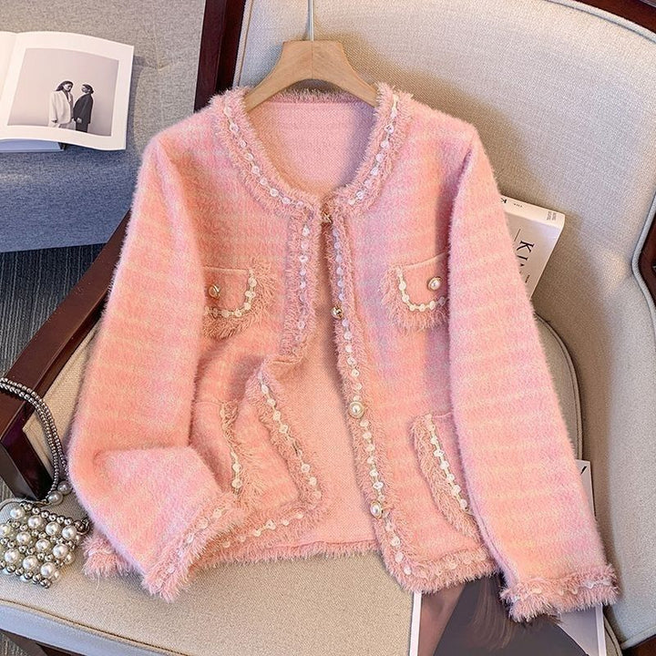 Damen Kuschelige Strickjacke mit dekorativen Perlen und Fransendetails Drune