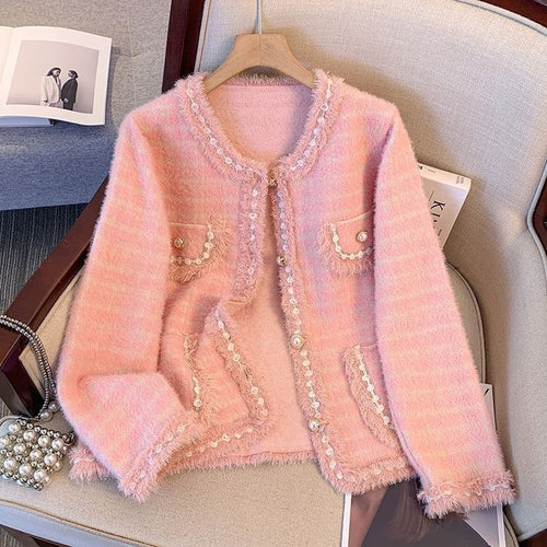 Damen Kuschelige Strickjacke mit dekorativen Perlen und Fransendetails Drune