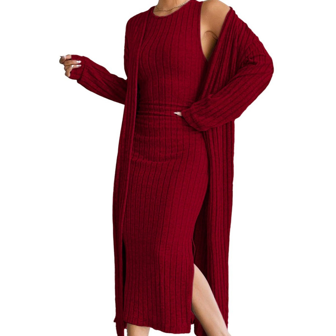 Damen geripptes Midikleid mit figurformendem Bustieroberteil hohem Seitenschlitz und passendem Longcardigan aus Feinstrick Drune