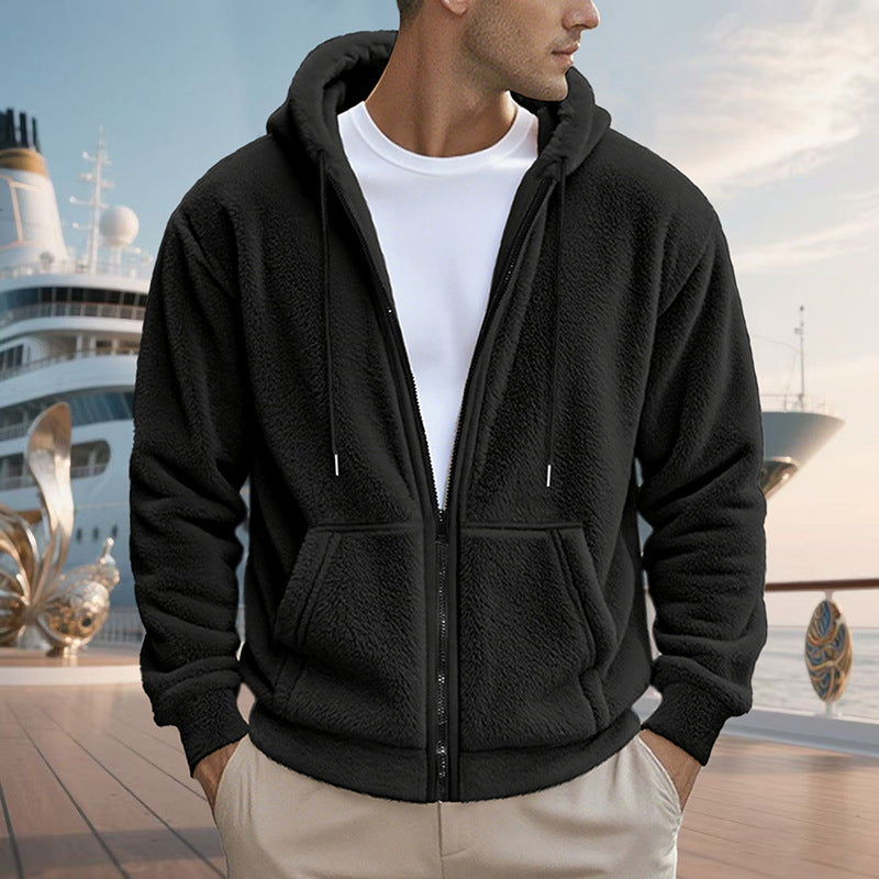 Herren Teddy-Fleece-Kapuzenjacke mit durchgehendem Reißverschluss und Kängurutaschen Drune
