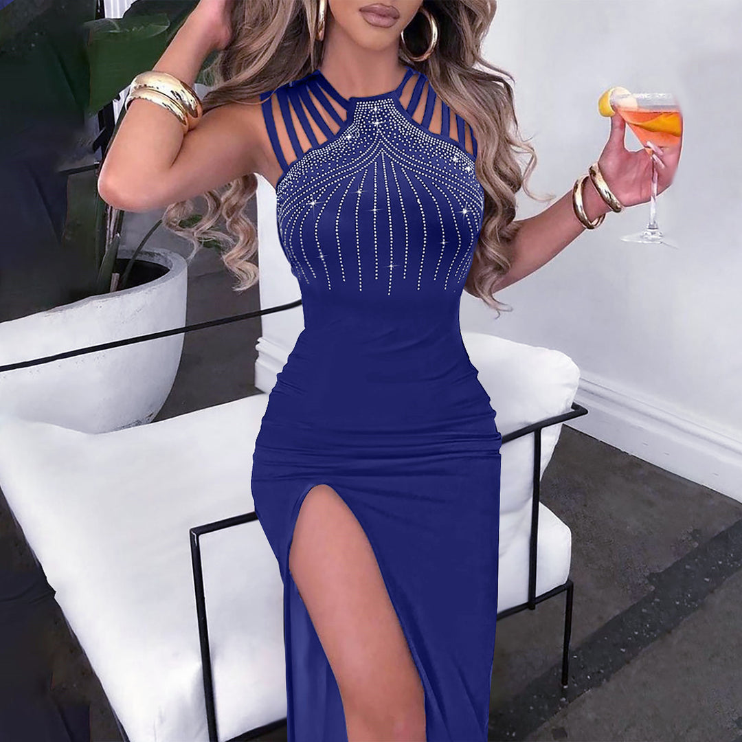 Damen elegantes Maxikleid mit glitzernden Strassdetails und sexy Schlitz Drune