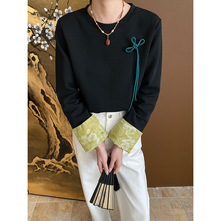 Damen modisches Langarmshirt mit floralem Kragen und dekorativem Detail Drune