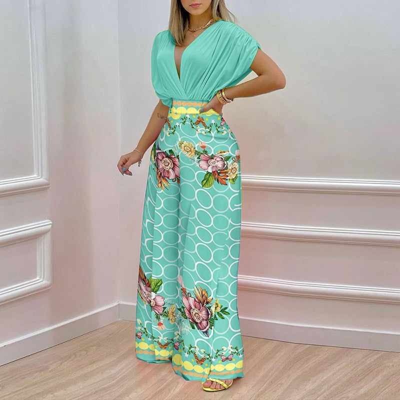Damen Jumpsuit mit tiefem V-Ausschnitt und weitem Bein Drune
