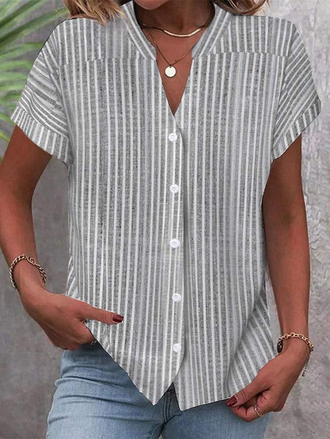 Damen Kurzarm-Bluse mit V-Ausschnitt und Streifenmuster Drune