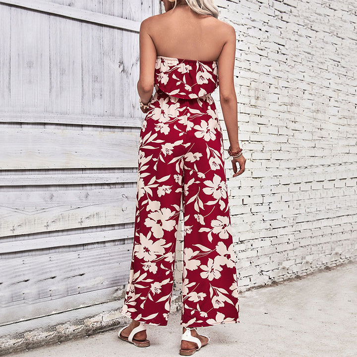 Damen luftiger Jumpsuit mit floralem Rüschenoberteil und weitem Bein Drune