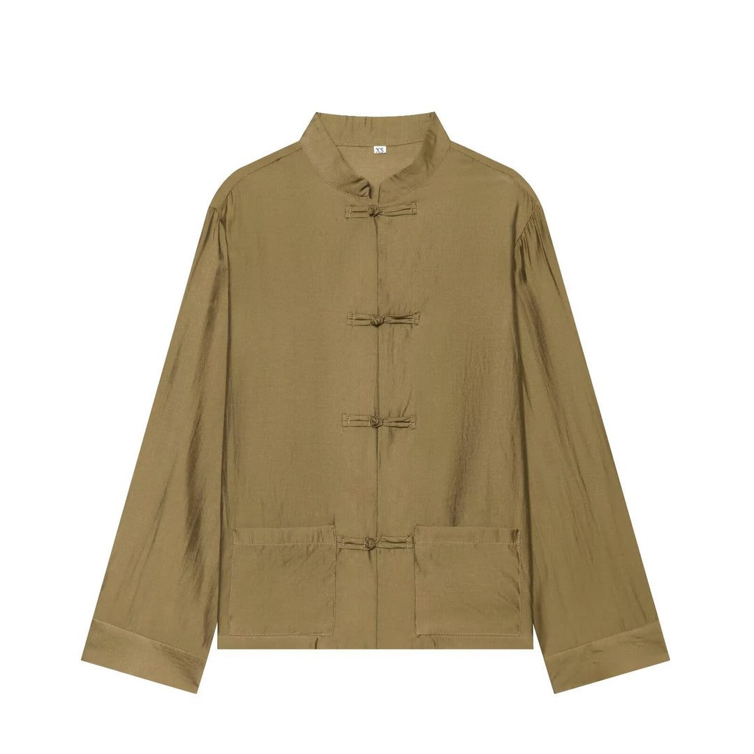 Damen Asiatisch-inspirierte Übergangsjacke mit Stehkragen, Knotenverschlüssen und aufgesetzten Taschen Drune