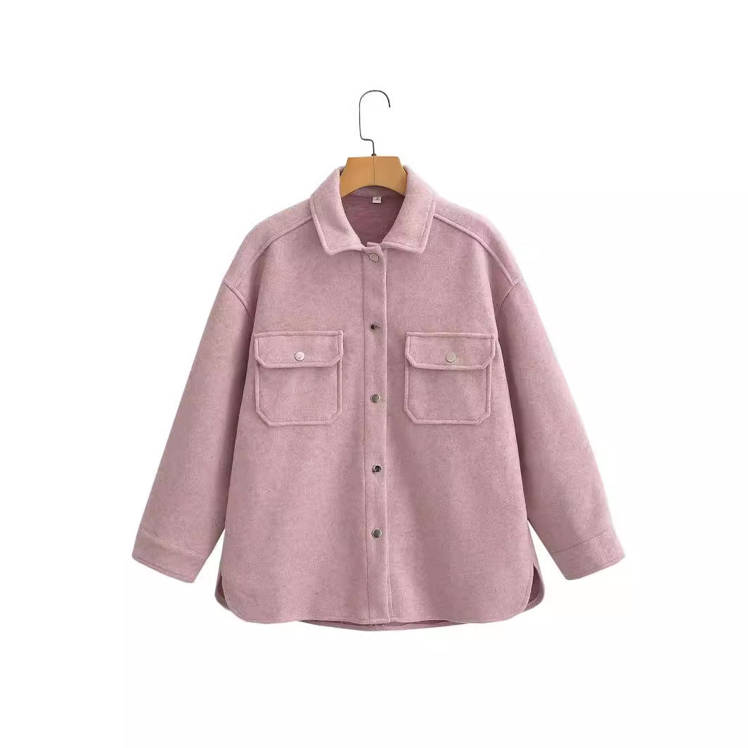 Damen Oversized Teddy-Hemdjacke mit Druckknopfverschlüssen und aufgesetzten Brusttaschen Drune