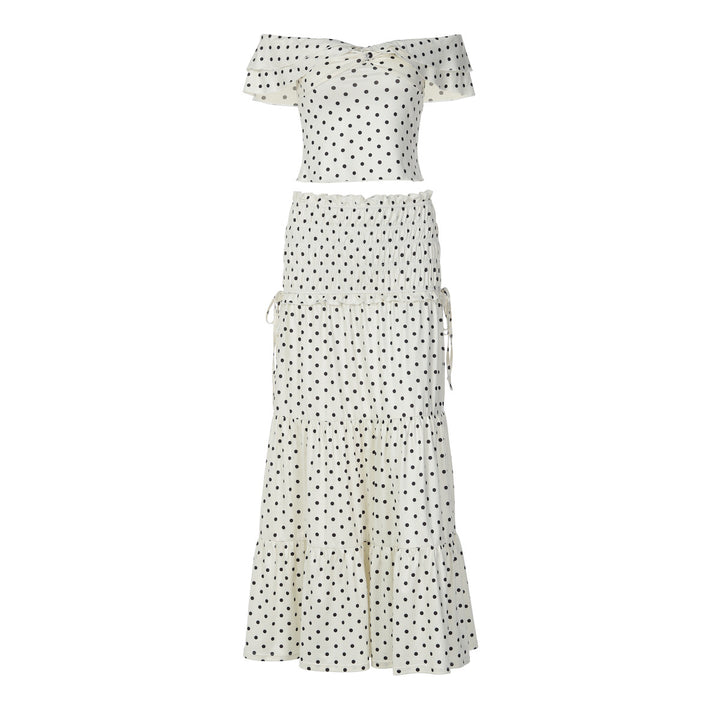 Damen Zweiteiliges Polka-Dots Set mit schulterfreiem Oberteil und schwingendem Rock Drune