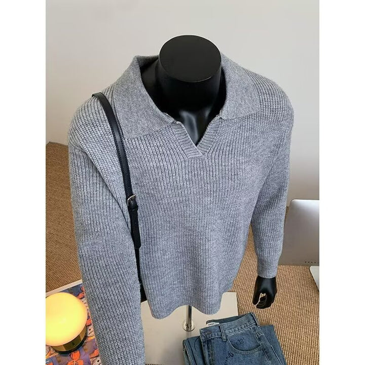 Herren Struktur-Strickpullover mit Polokragen und V‑Schlitz Drune