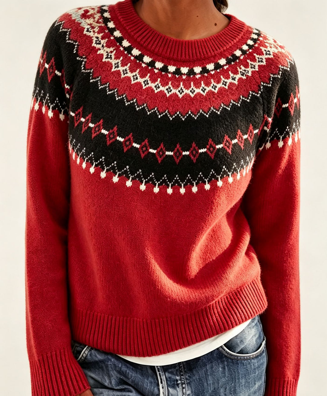 Damen Rundhalsausschnitt Norweger-Pullover mit Fair-Isle-Jacquard Drune