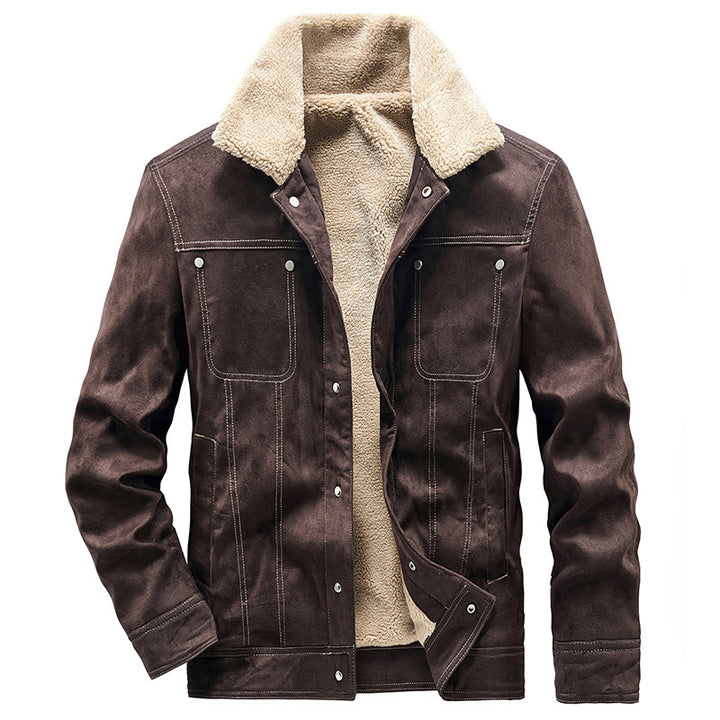 Herren Gefütterte Truckerjacke in Wildlederoptik mit Sherpa-Kragen Drune