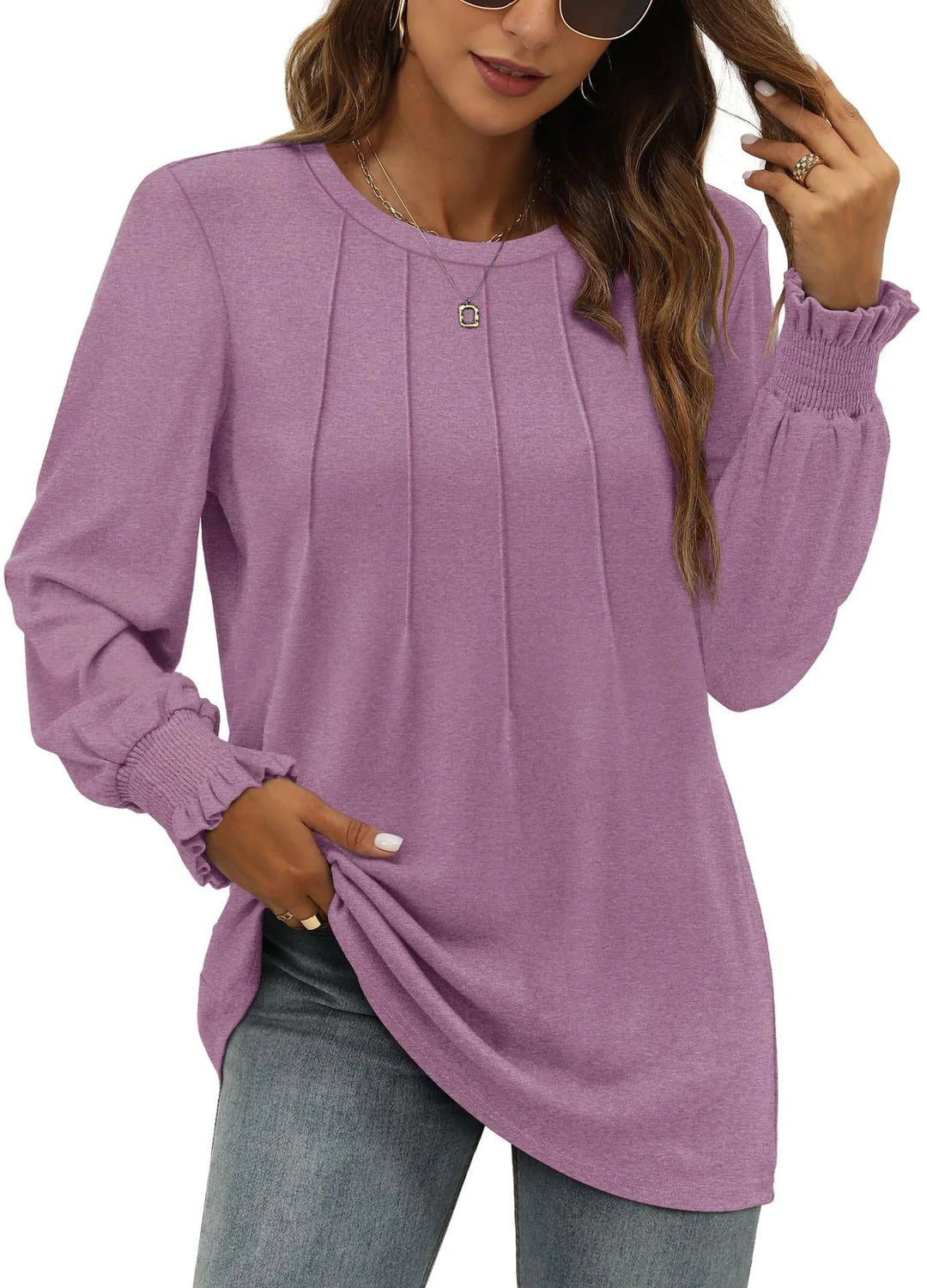Damen Longsleeve-Tunika mit senkrechten Biesen und gerafften Rüschbündchen Drune