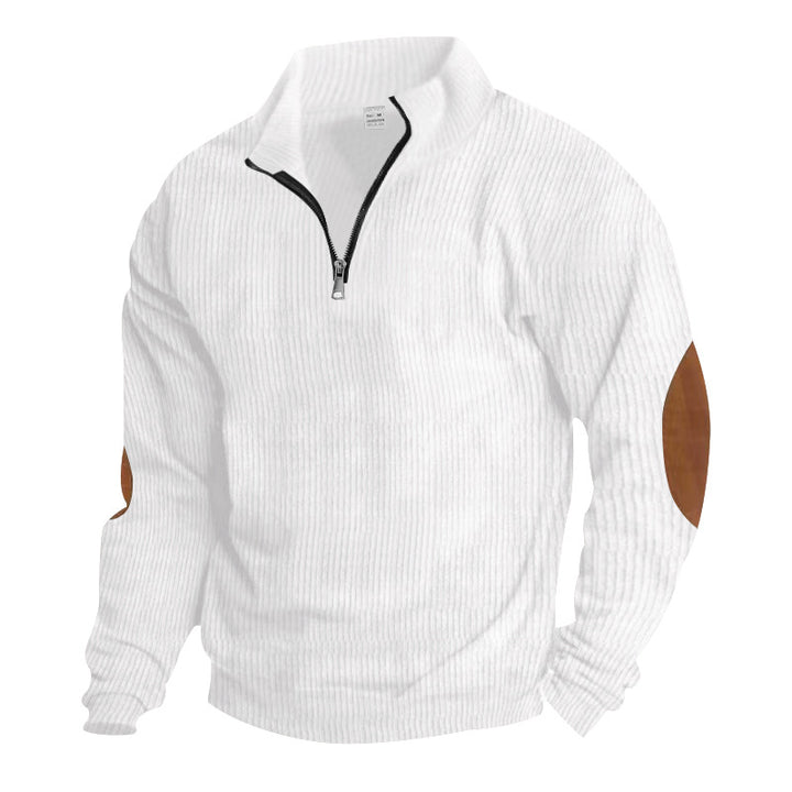 Herren nan gerippter Feinstrick-Pullover mit kurzem Reißverschluss Stehkragen und Lederoptik-Ellbogenpatches Drune