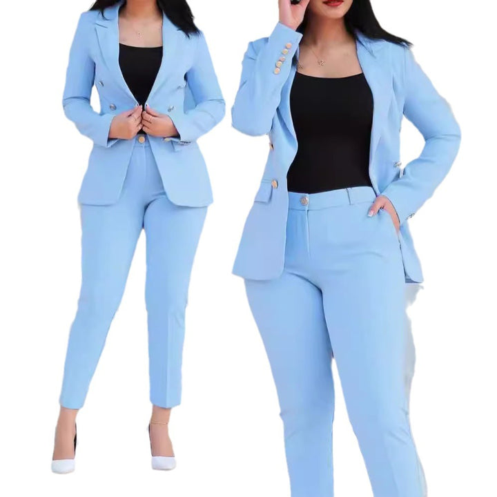 Damen moderner Blazer-Hosenanzug mit exklusiven Knopfdetails Drune