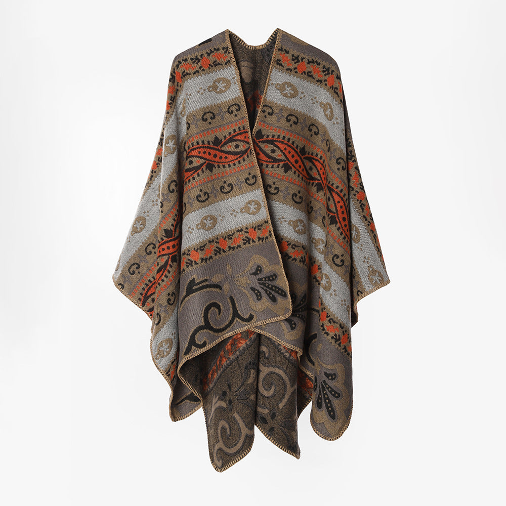 Damen Wohlfühl-Cape mit folklorem Jacquardmuster, offener Front und kontrastierter Kettelnaht Drune