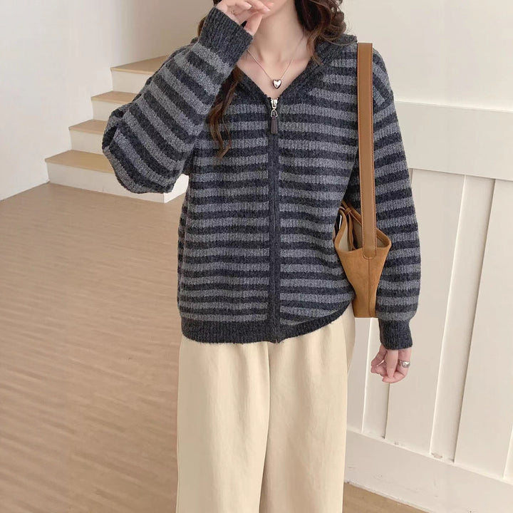 Damen lässiger Strickpullover mit Kapuze und Reißverschluss Drune