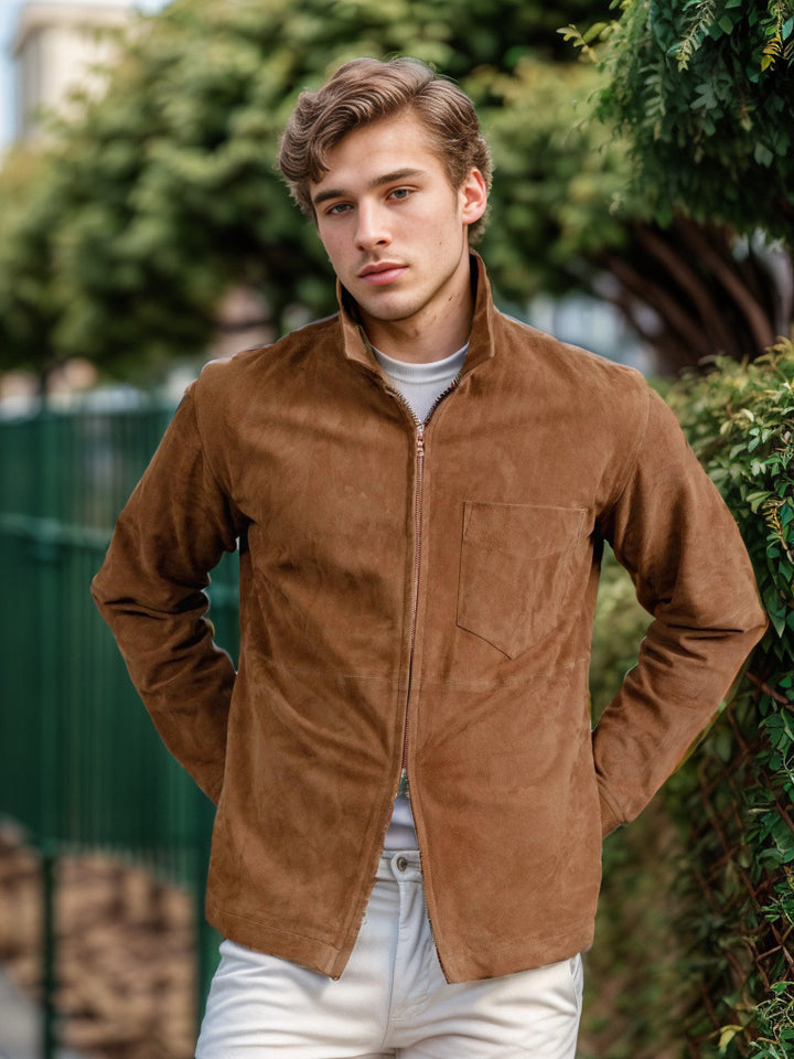 Herren Velourslederjacke mit Stehkragen und Brusttasche Drune