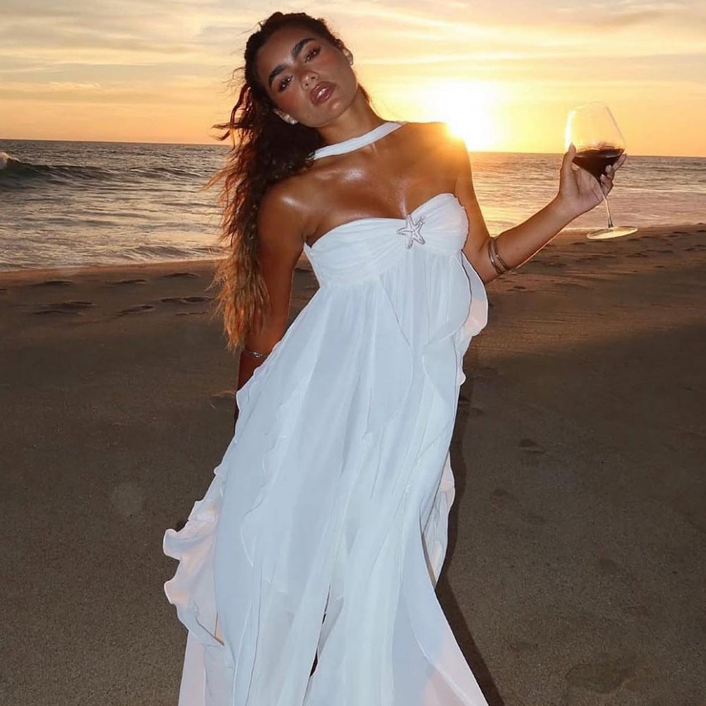 Damen Abendkleid mit fließendem Rock und verspielten Rüschen Drune