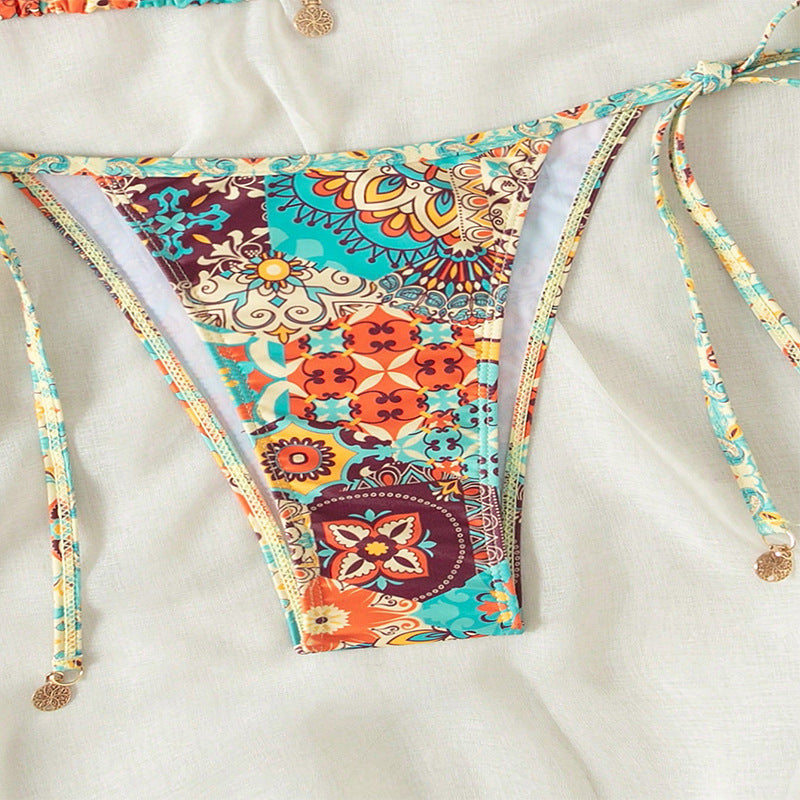 Damen Triangel-Bikini mit floralem Muster und eleganten Bindebändern Drune