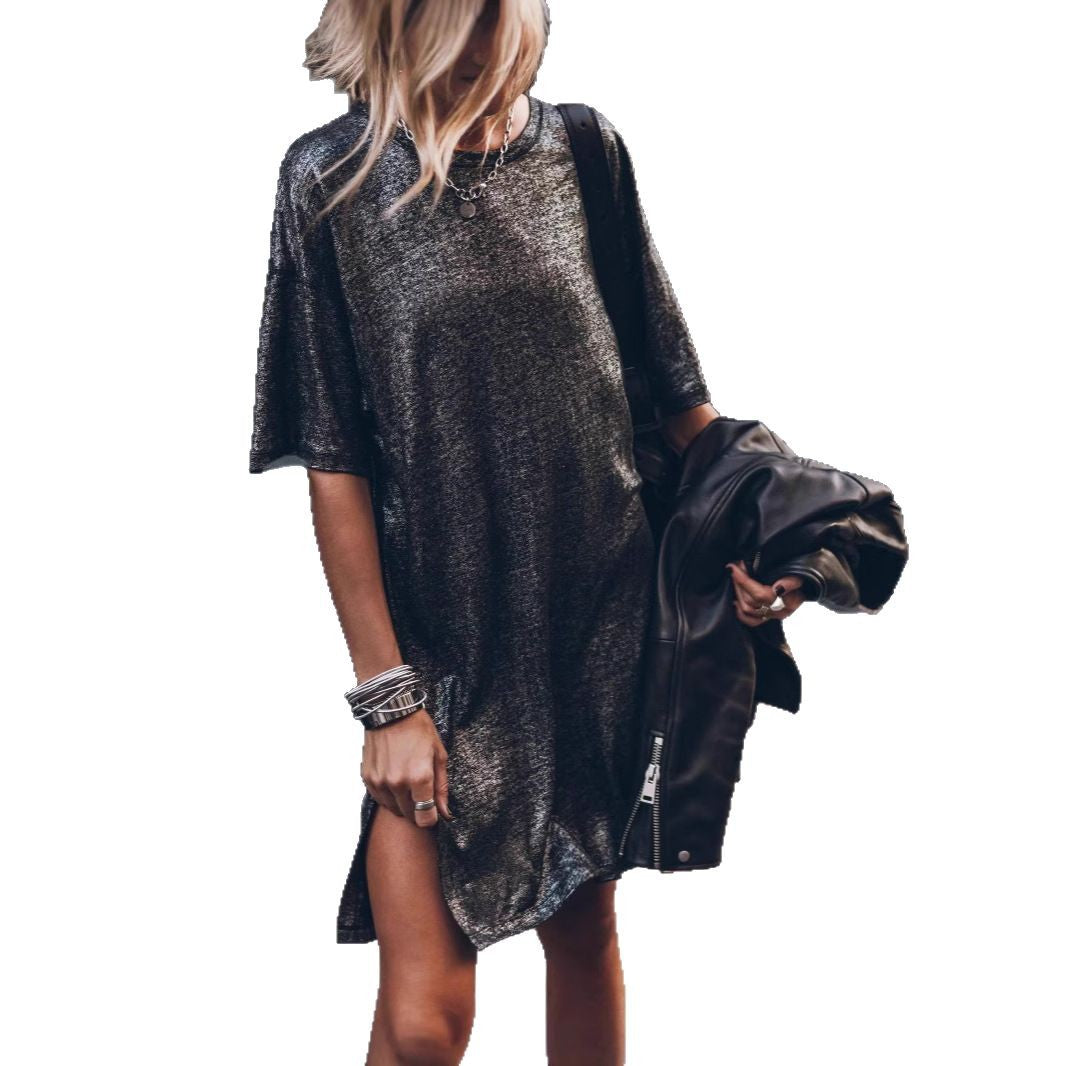 Damen lässiges Glitzerkleid mit seitlichem Schlitz und oversize Schnitt Drune