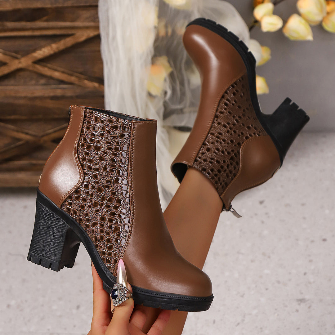 Damen Kurzschaft-Ankleboots mit Kroko-Prägung, seitlichem Reißverschluss und klobiger Lug-Sohle Drune
