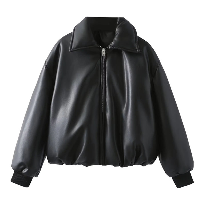 Damen nan gepolsterte Cropped Kunstleder-Bomberjacke mit Hemdkragen elastischem Saum und Rippbündchen Drune