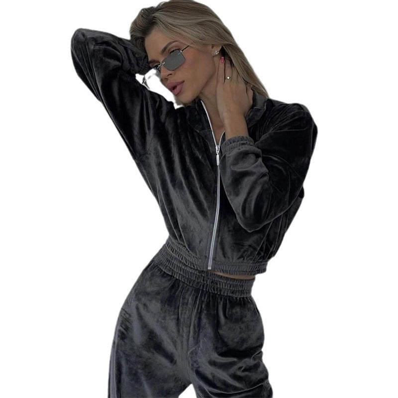 Damen Samt-Loungewear-Set mit kurzem Reißverschluss und geraffter Taillenpartie Drune