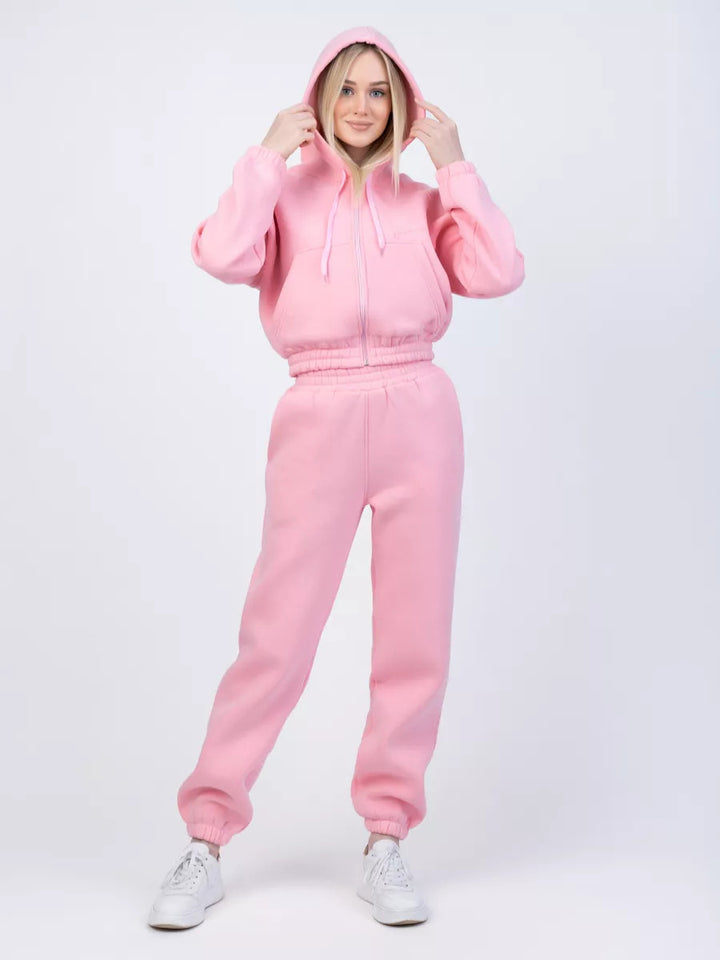 Damen Gekürztes Zip‑Hoodie mit elastischer High‑Waist Jogginghose Drune
