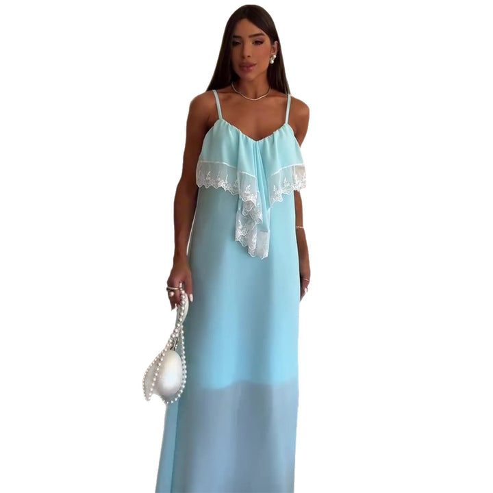 Damen Maxi-Nachtkleid mit zartem Spitzenbesatz und feinen Trägern Drune