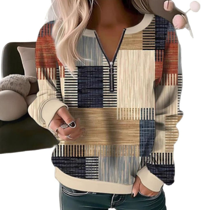 Damen nan gemütlicher Pullover mit kurzem Reißverschluss, grafischem Patchworkmuster, verlängerten Ärmelbündchen und geripptem Saum Drune