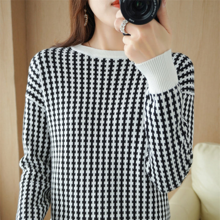 Damen Leichter Strukturstrick-Pullover mit Hahnentritt-Muster und breitem Rippbündchen Drune