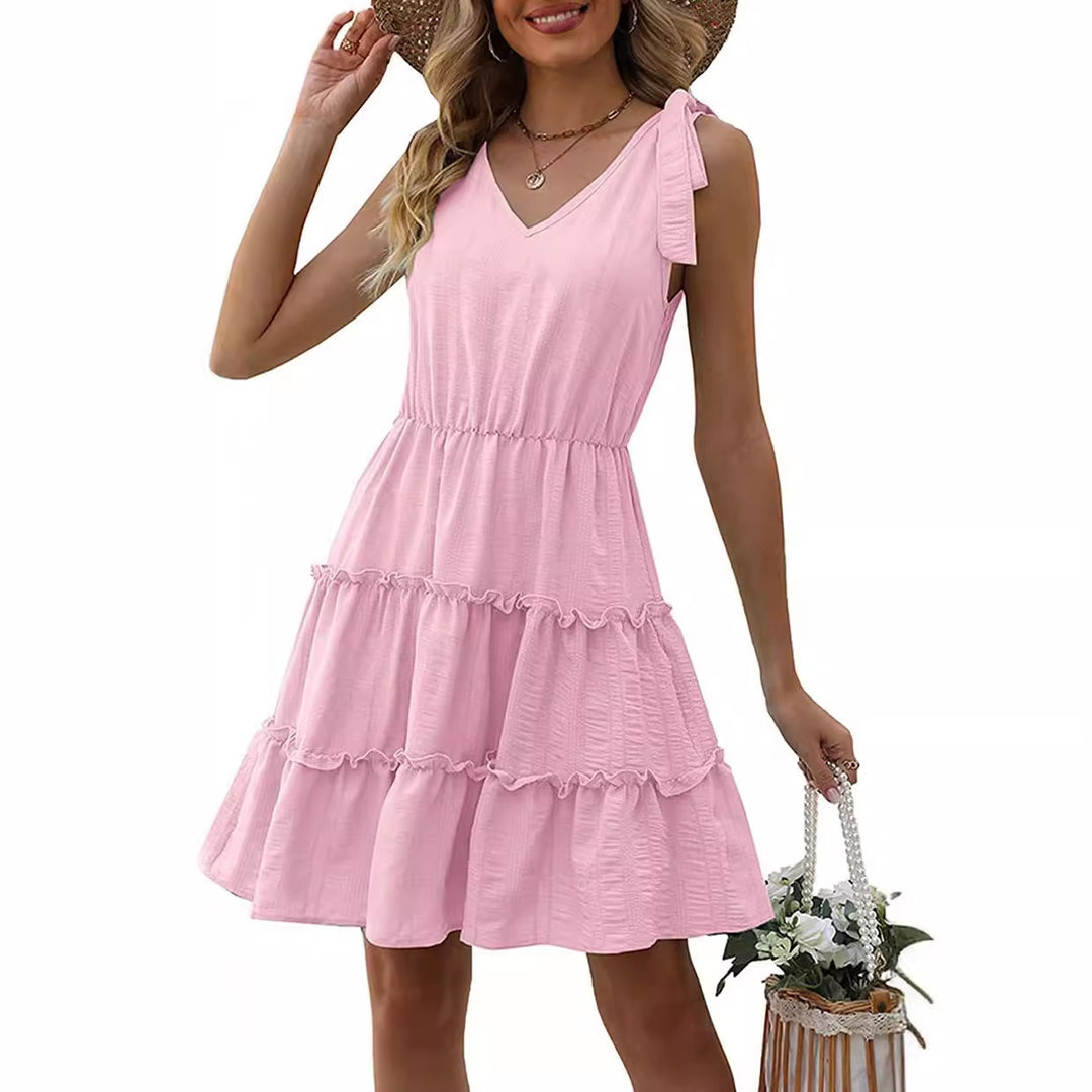 Damen ärmelloses Sommerkleid mit Rüschen und V-Ausschnitt Drune