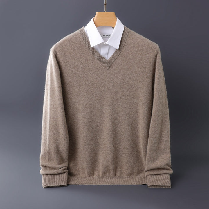 Herren Feiner V-Ausschnitt-Pullover aus Merino-Kaschmir-Mix mit gerippten Bündchen Drune