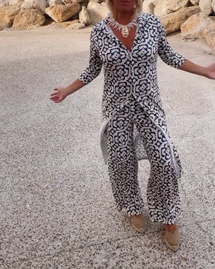 Damen Freizeit Maxi Kleid in ornamentalem Druck mit V-Ausschnitt, 3/4-Ärmeln und zentralem Frontschlitz Drune