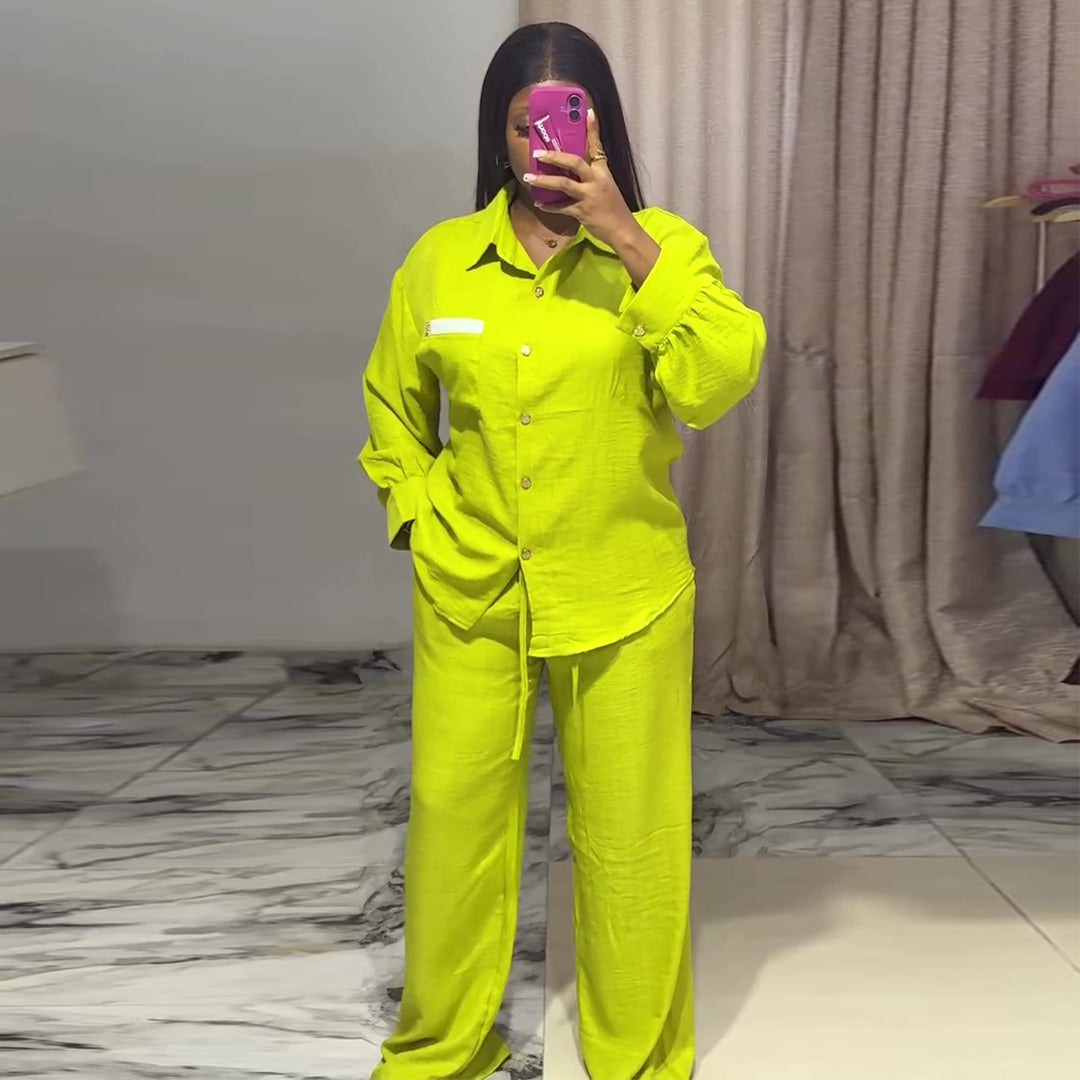 Damen lässiges Zweiteiler Set mit langärmeliger Bluse und weiten Hosen Drune
