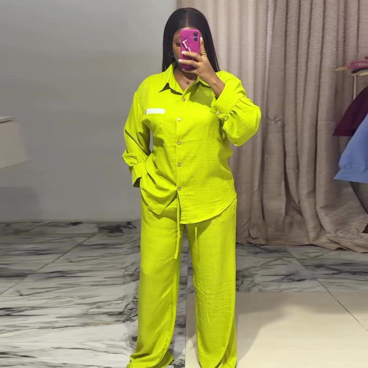 Damen lässiges Zweiteiler Set mit langärmeliger Bluse und weiten Hosen Drune