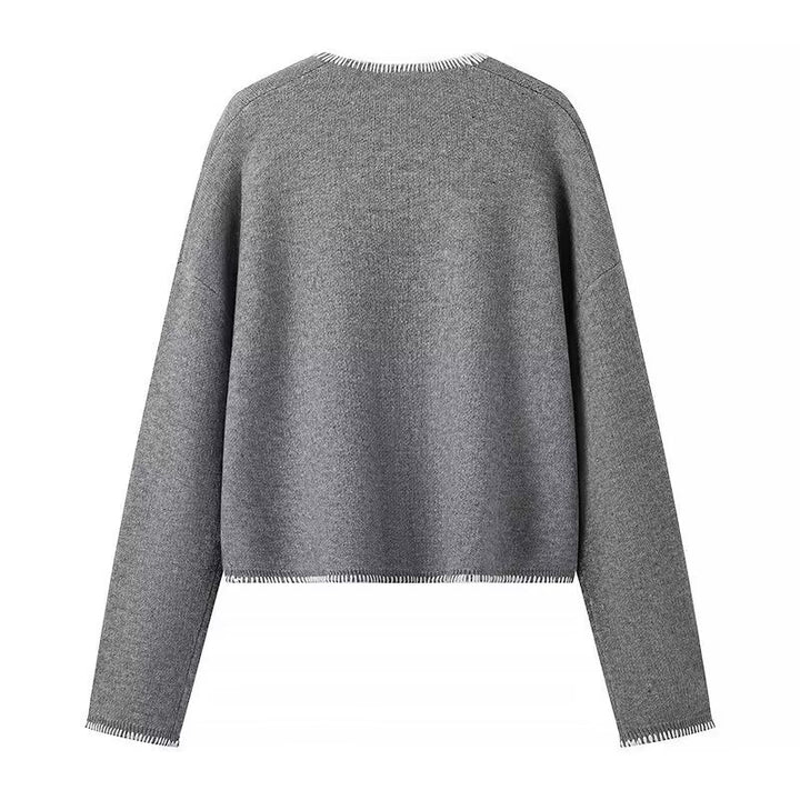 Damen Kurzer V-Ausschnitt Pullover mit Ziernähten und aufgesetzten Taschen Drune